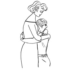 Family. Mother hugs her son. Lovely illustration with young woman and her child for prints, posters, articles, magazines, coloring book pages. Freehand drawing, sketch. Motherhood, childhood, life.