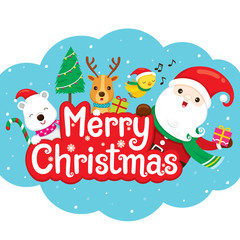 Santa Claus, Reindeer And Friend On Merry Christmas Banner, Xmas, Happy New Year, Objects, Animals, Festive, Celebrations