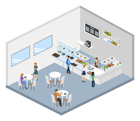 Isometric 3D vector illustration concept of confectionery or canteen with visitors