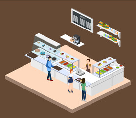 Isometric 3D vector illustration concept of coffee or canteen with visitors