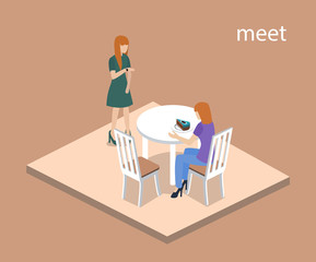 Isometric 3D vector illustration concept meeting at the coffee shop