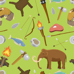 Stone age aboriginal primeval historic hunting primitive stoneage caveman people weapon and house life symbols vector illustration seamless pattern background