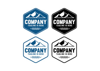 Simple Black and Blue Hill Mountain and Wave on the Ocean Vintage Hexagon Logo Company Set