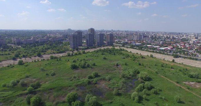 City approach from park - Delta vacaresti aerial drone 