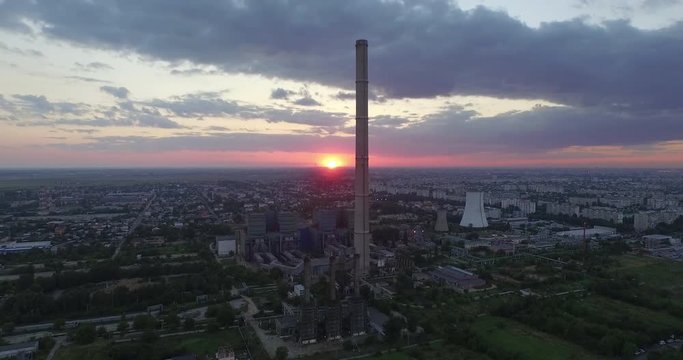 Aerial drone sunset industrial factory tower
