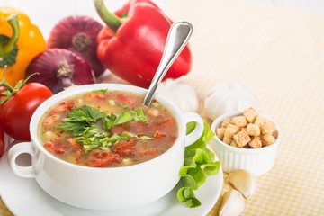 roasted tomato soup with beans, celery and sweet pepper