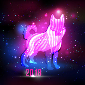 Modern abstract dog silhouette with 2018 New Year inscription on the night sky with lights and stars. Dog silhouette hologram for advertising, blog design and etc