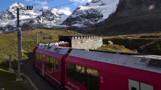 Swiss train in Piz Bernina mountain tunnel in bernina pass glacier express in Switzerland