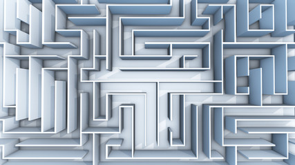 3d illustration flight over endless maze with illuminated blue walls