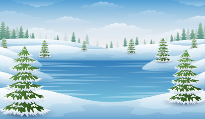Winter landscape with frozen lake and fir trees