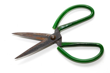 Green scissors isolated on a white background