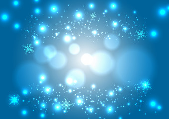 Christmas magic snowy blue background. Glowing fall snow circle bokeh backdrop.illustration vector design