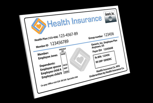 This is a generic, mock, health insurance card from an employer sponsored health care plan. 
