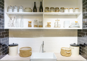 Interior of bathroom with sink basin faucet and mirror. Modern design of bathroom