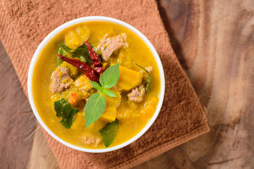 Spicy pumpkin soup with pork in a bowl 