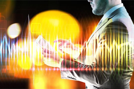 Man and illustration.