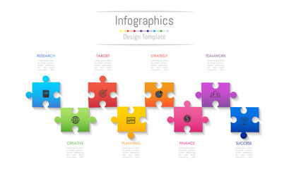 Infographic design elements for your business data with 8 options, parts, steps, timelines or processes. Jigsaw puzzle concept, Vector Illustration.