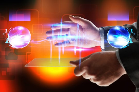 Man and illustration.