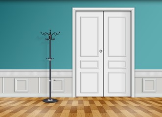 Closed white door with lantern and wooden parquet floor isolated on blue wall background