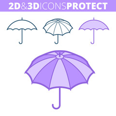 The umbrella. Flat and isometric 3d outline icon set. The security and protection concept line pictogram collection. Vector linear infographic elements for web design, social media, presentations.