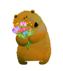Isolated wild bear with flowers. Vector illustration.