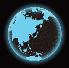 glowing world map vector illustration (globe / sphere). focus on Japan and east asia. 