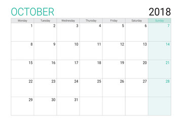 2018 October calendar or desk planner, weeks start on Monday