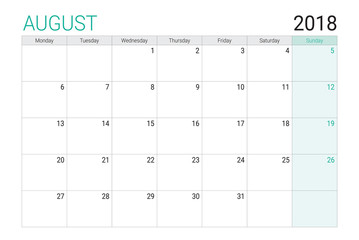 2018 August calendar or desk planner, weeks start on Monday