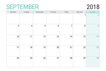 2018 September calendar or desk planner, weeks start on Monday