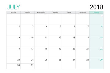 2018 July calendar or desk planner, weeks start on Monday