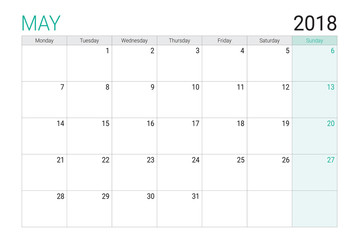 2018 May calendar or desk planner, weeks start on Monday