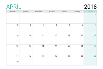 2018 April calendar or desk planner, weeks start on Monday