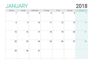 2018 January calendar or desk planner, weeks start on Monday