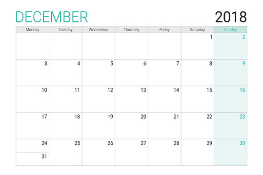 2018 December calendar or desk planner, weeks start on Monday