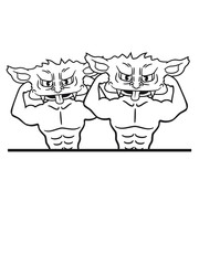 schild text feld 2 freunde team paar stark posen muskeln bodybuilder fitness training trainieren gnom frech klein monster horror halloween böse ork troll comic cartoon clipart