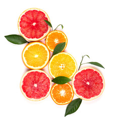 Citrus fruits isolated on white background. Isolated citrus fruits. Pieces of lemon, pink grapefruit and orange isolated on white background, with clipping path. Top view