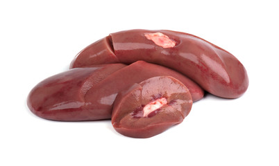 Pork kidney raw isolated on white background. Closeup. Pig kidney isolated.