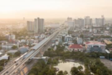 Fototapeta na wymiar Aerial view of Bangkok, Thailand with BTS skytrains at dusk.