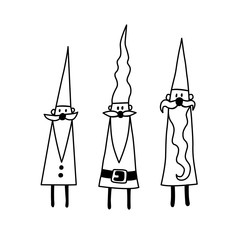 Santa Claus line silhouette set. Hand drawn Elves, Nisser isolated on white. Scandinavian design, nordic style decoration elements. Doodle style Vector illustration for print card or web