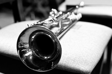 Detail of the trumpet closeup in black and white