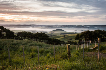 Fototapeta na wymiar farm sunrise morning rolling hills fog