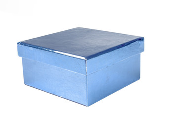 Blue simple box metallic shiny box on isolated white studio photo. Gift box.