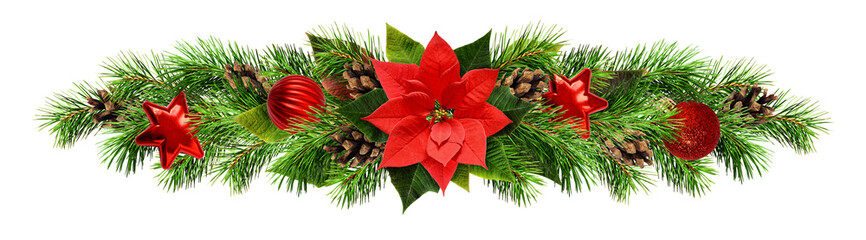 Christmas garland with red pionsettia flower, pine twigs and decorations © Ortis