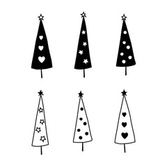 Christmas tree. Holiday Hand drawn doodle set. Silhouette, line decoration elements for prin greeting card, invitation. Scandinavian design, nordic flat style. Vector illustration isolated on white.