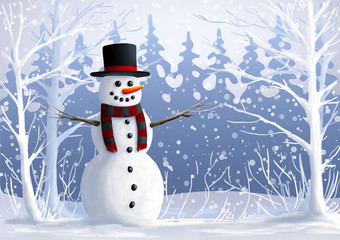 Snowman on snow-covered glade in forest. The winter vacation. Christmas and New Year illustration