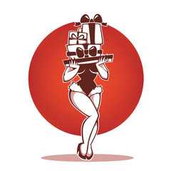 Pinup Marry Christmas and happy new year girl image with present boxes