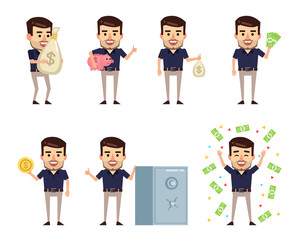Set of stylish businessman characters posing with money. Cheerful man holding piggy bank, money bag, golden coin and showing other actions. Flat style vector illustration