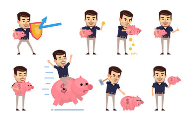 Set of stylish businessman characters posing with piggy bank. Cheerful man holding piggy bank, putting coins, riding giant pig and showing other actions. Flat style vector illustration