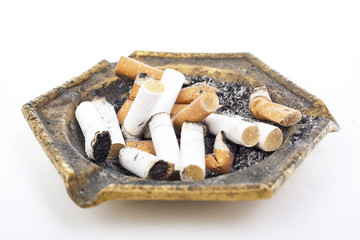 Ashtray with cigarettes. Dirtry ashtray smoke smoking illustration. Cigarette butts. Photo background.