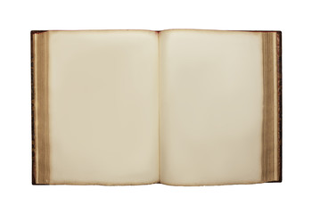 Open old book with blank pages on white background, mock up.